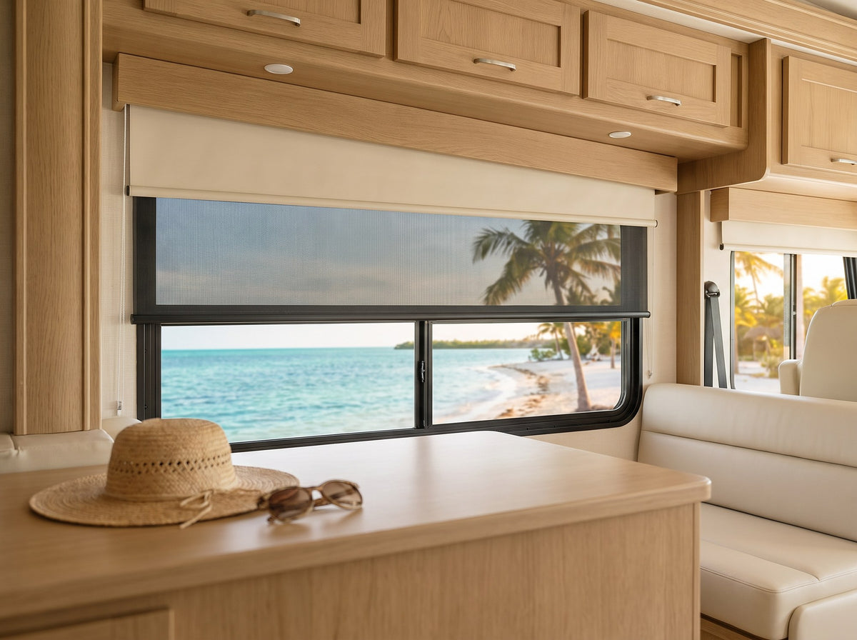 RV day/night roller shade with solar screen cutting beach glare in the Florida Keys