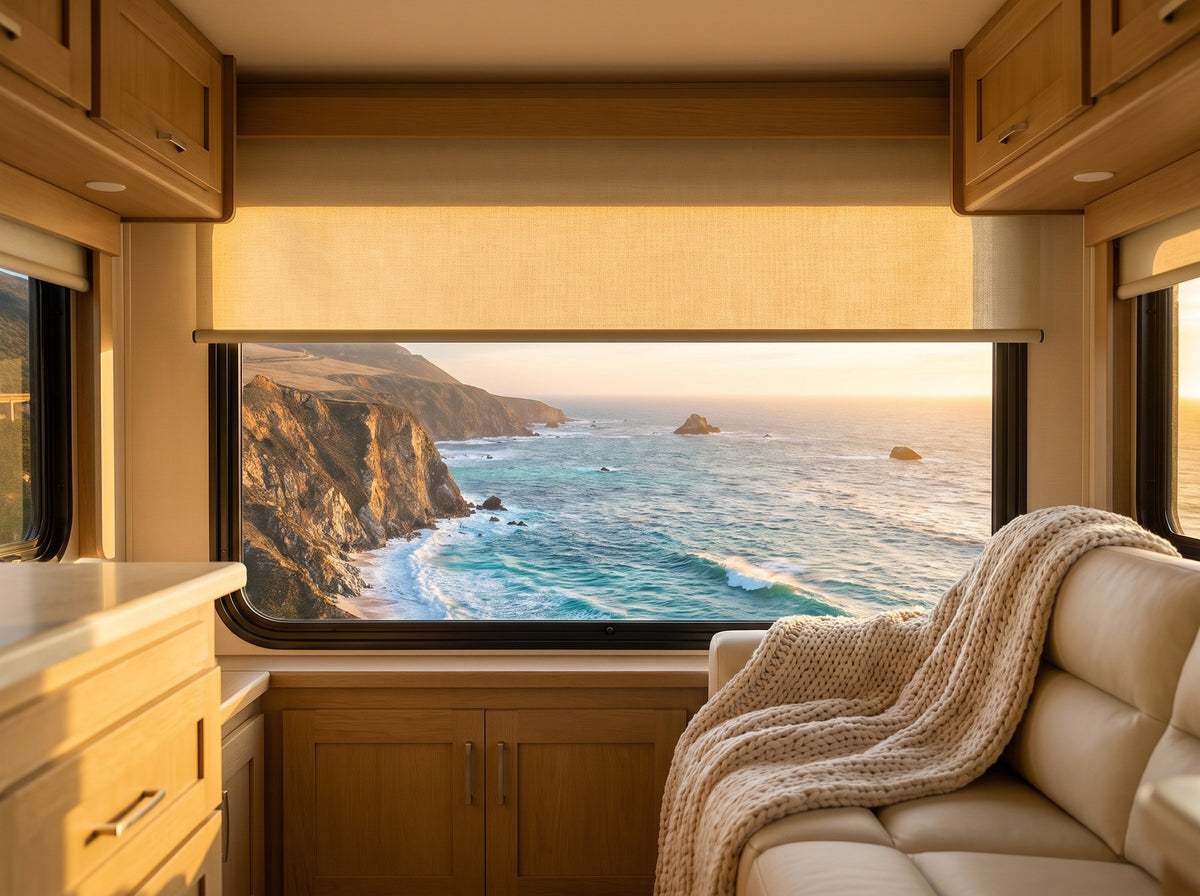 RV roller shade half lowered over a Pacific coast sunset view in a motorhome lounge