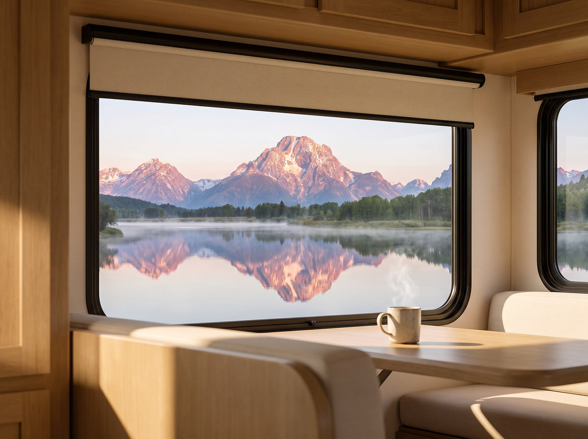 Custom RV roller shade framing a sunrise view of the Grand Tetons from an RV dinette