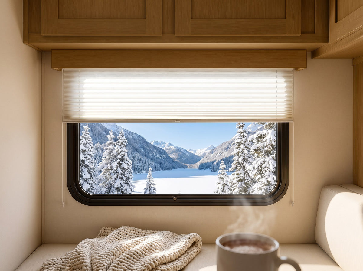 Pleated RV shade half lowered in a cozy RV with a snowy mountain lake view