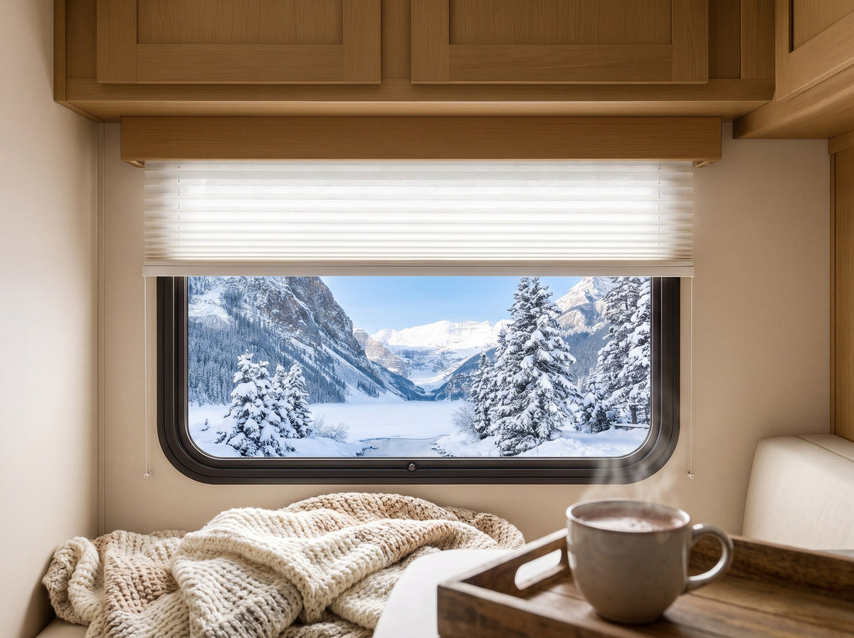 Pleated RV shade over a winter mountain view in a modern RV