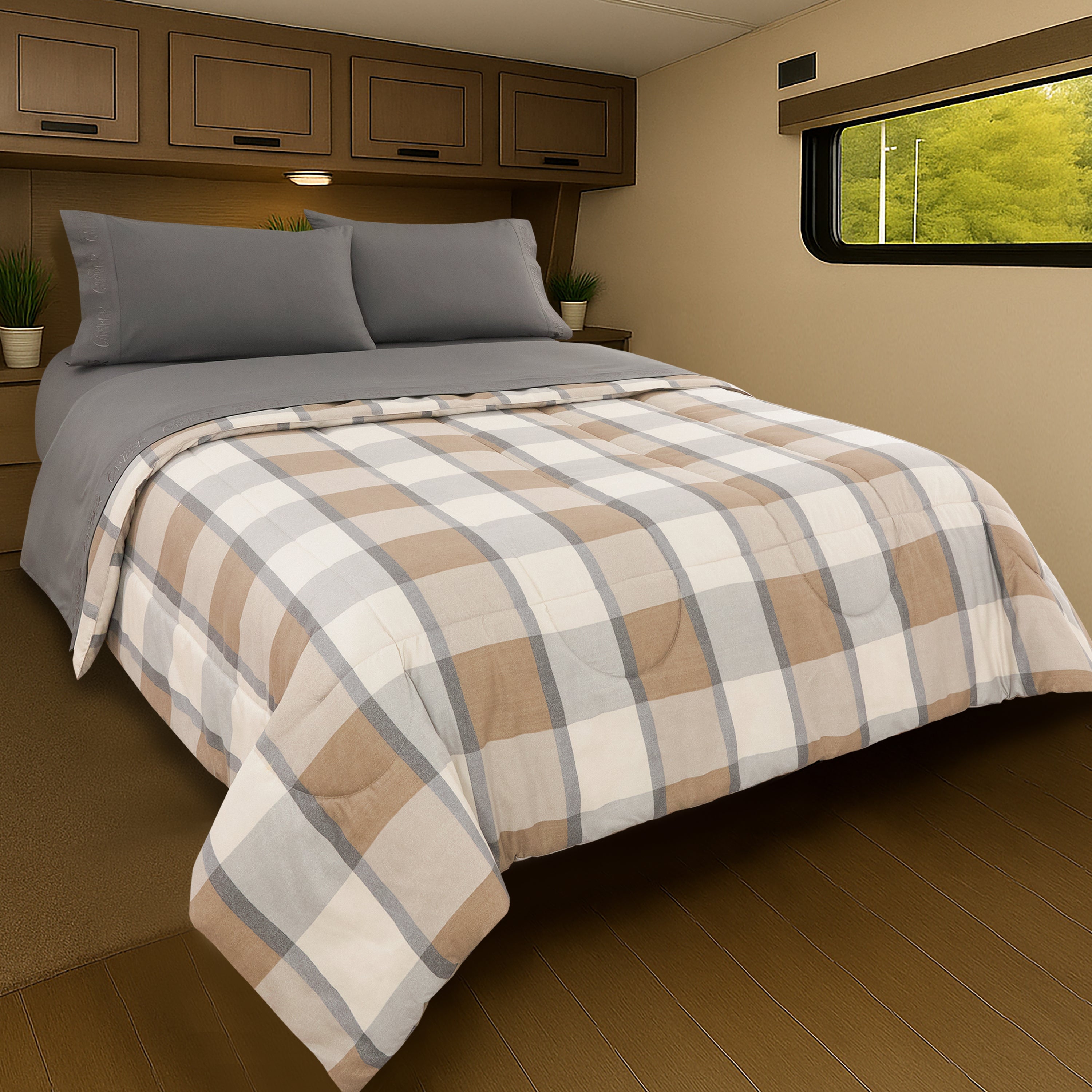 Wander & Rest - All-In-One RV Bedding Set - Short Queen 60" x 75" - Plaid with Happy Camper Embroidery - 100% Polyester - #2024121146