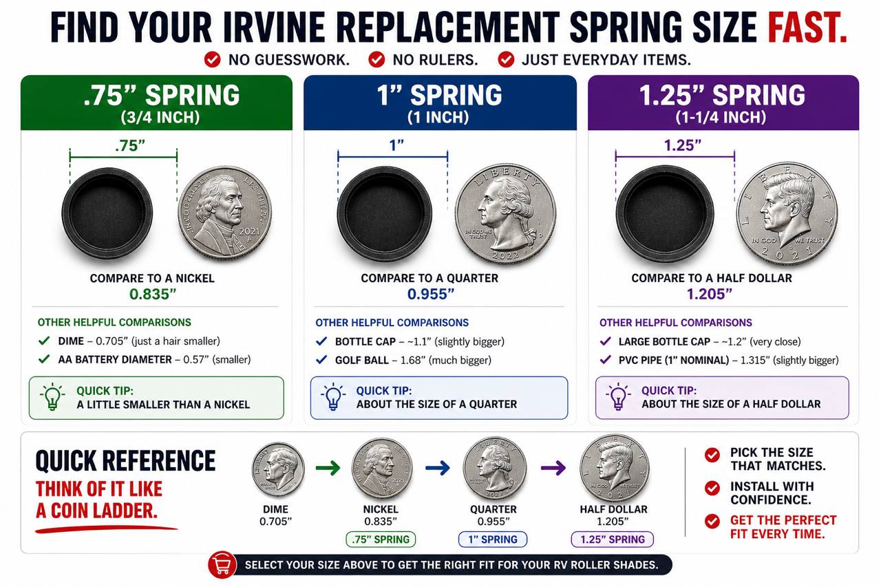 Irvine replacement spring size comparison chart showing .75 inch, 1 inch, and 1.25 inch spring sizes