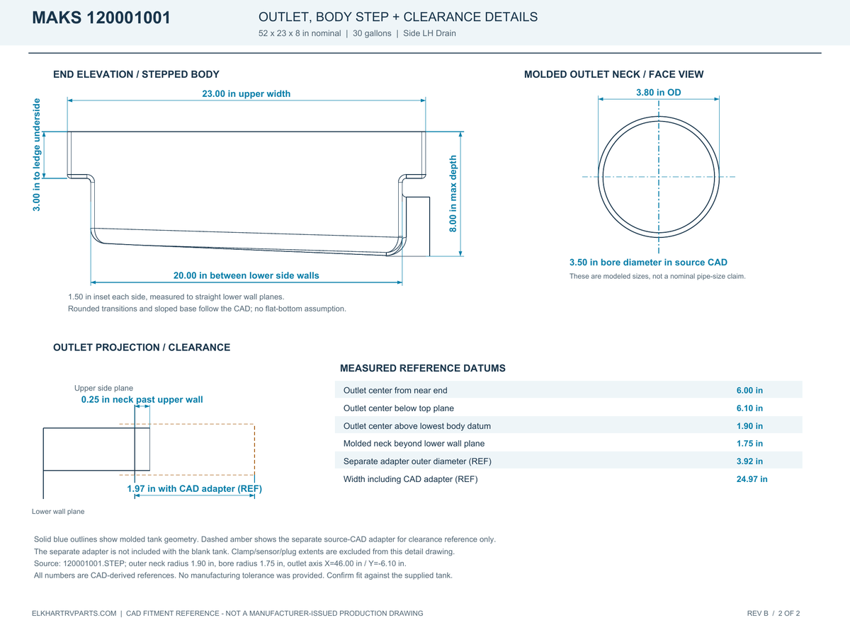 MAKS 120001001 measured body step, molded outlet and adapter-clearance reference. CAD dimensions in inches; separate fittings not included.