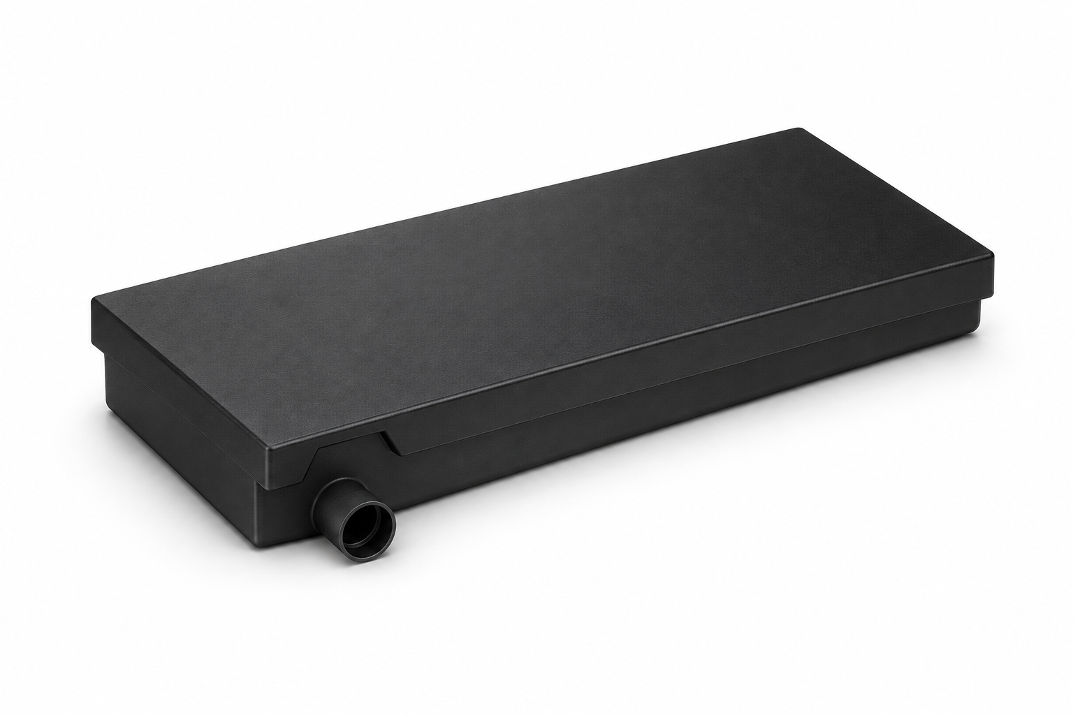 MAKS 120001001 — black polyethylene tank and visible left-hand outlet, CAD reference rendering. 52 x 23 x 8 inches, 30 gallons. Separate adapter shown for reference; fittings not included.