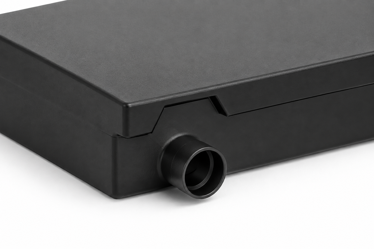 MAKS 120001001 outlet close-up — molded neck, projecting reference adapter and flange notch. Fittings not included with blank tank.