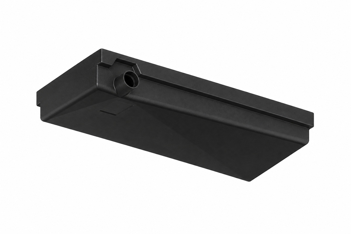 MAKS 120001001 underside and molded sloped base with visible left-hand outlet — CAD reference rendering. Separate outlet adapter shown for reference; fittings not included.