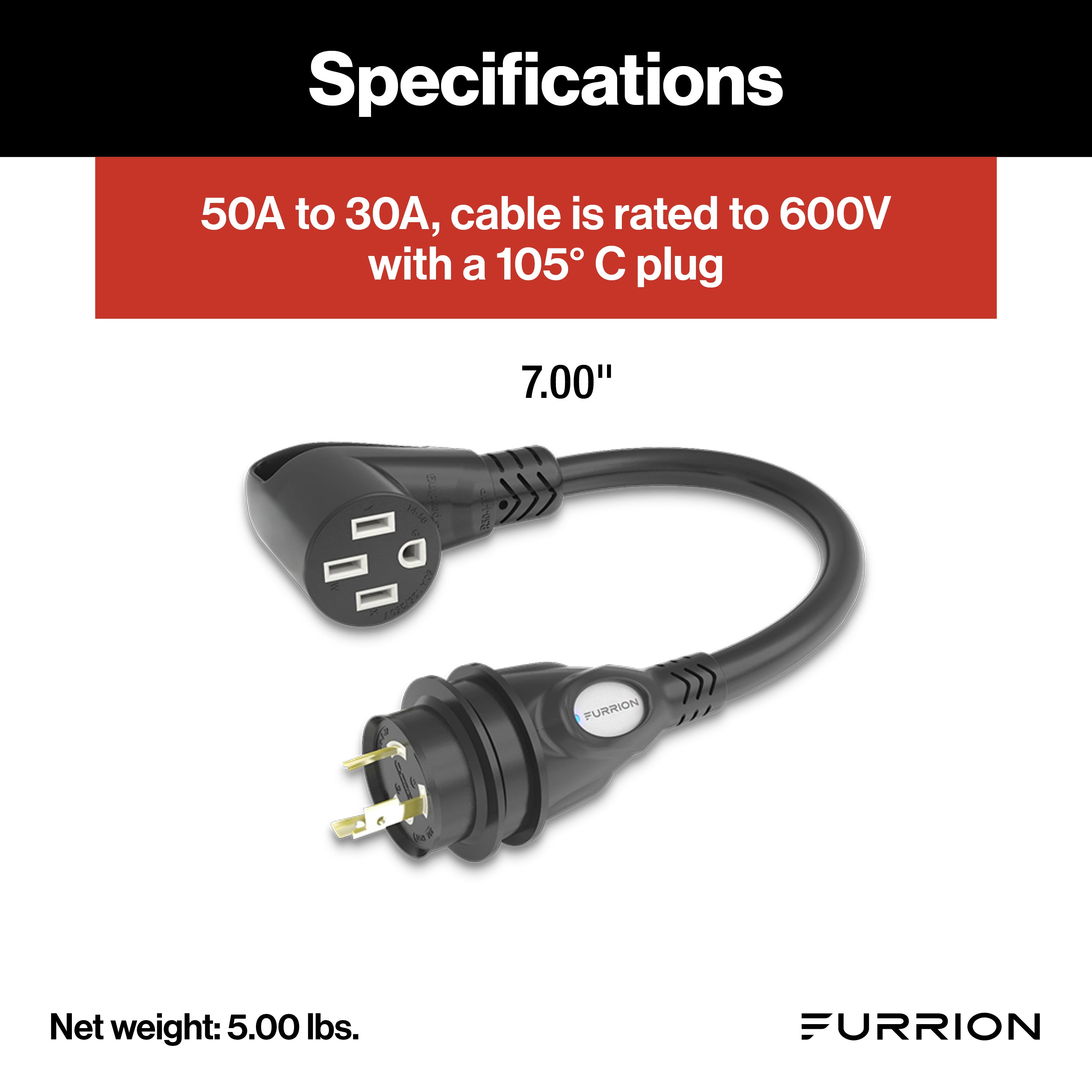 Furrion Pigtail Adapter - 50A Connector To 30A Plug, Black #Fp5230R-Sb - Image 2