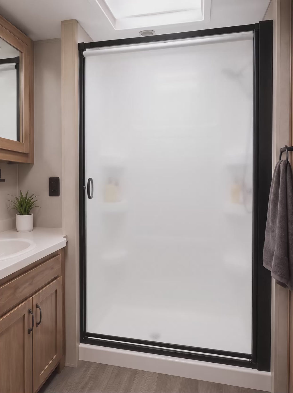 Irvine slow-roll RV shower door retracting into its side cassette, closing, and staying waterproof, with key benefits