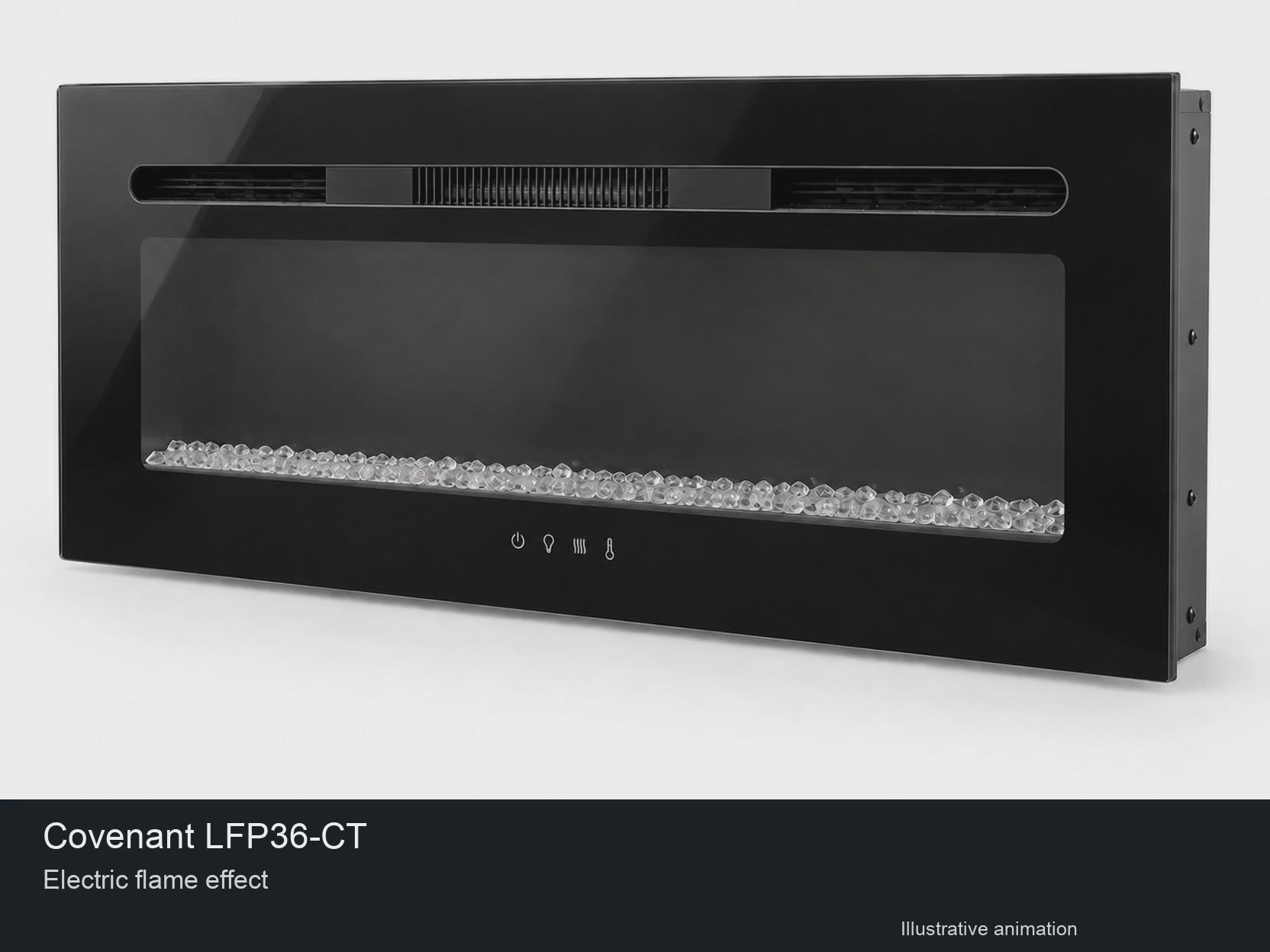 Covenant LFP36-CT — illustrative studio animation of electric flame effect, crystal bed and touch controls