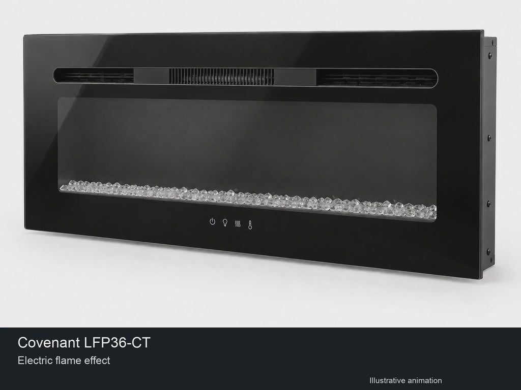 Covenant LFP36-CT — illustrative studio animation of electric flame effect, crystal bed and touch controls