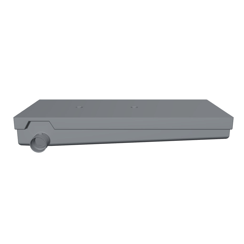 MAKS 120001001 original CAD reference assembly — rotate to inspect outlet and molded geometry. 52 x 23 x 8 inch nominal tank, 30 gallons, Side LH Drain. Reference fittings and sensors shown are not included with blank tank.
