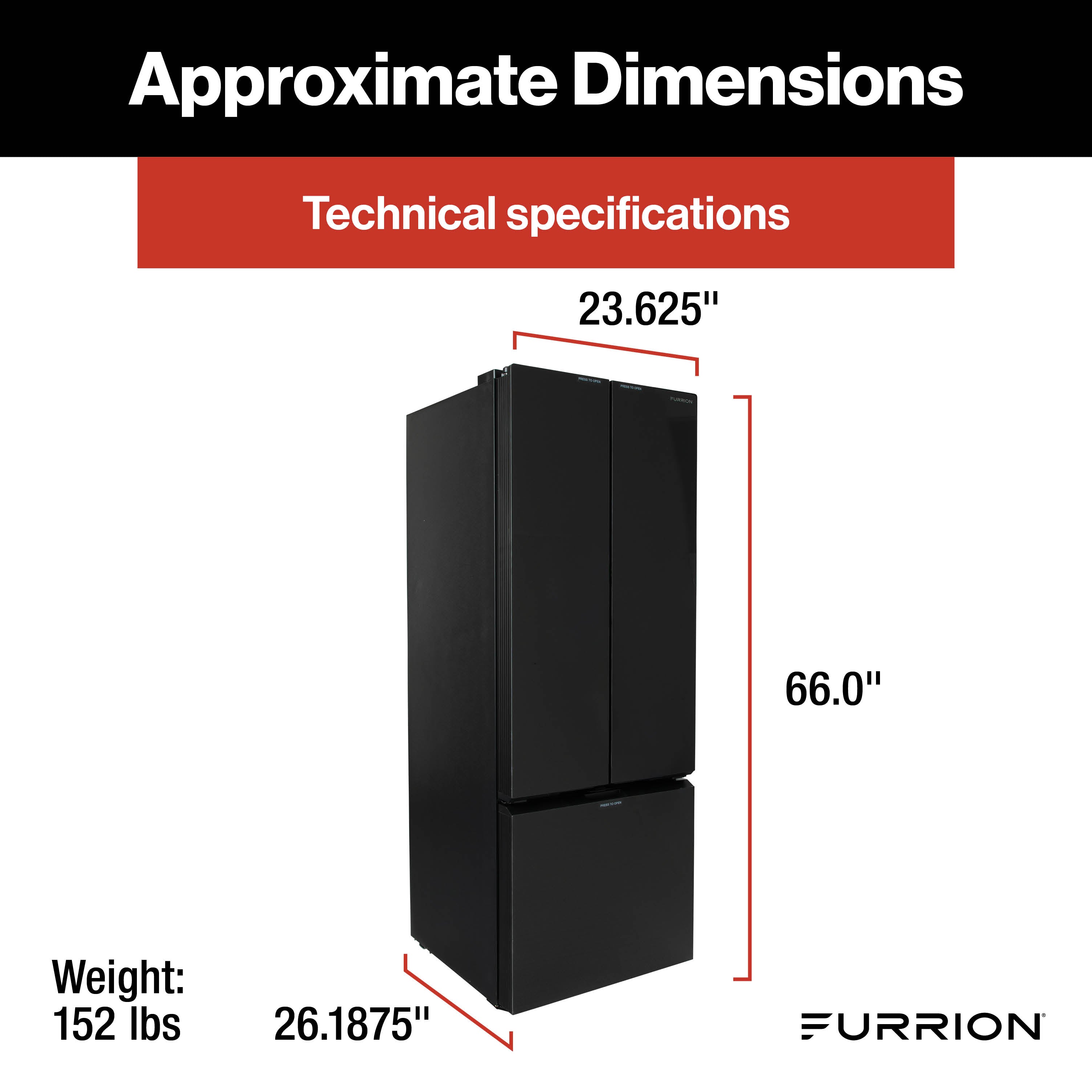 Furrion® - Built-In RV Refrigerator - 12V - 12 cu. ft. - French Doors - Bottom Freezer - Black Glass - #2024016838