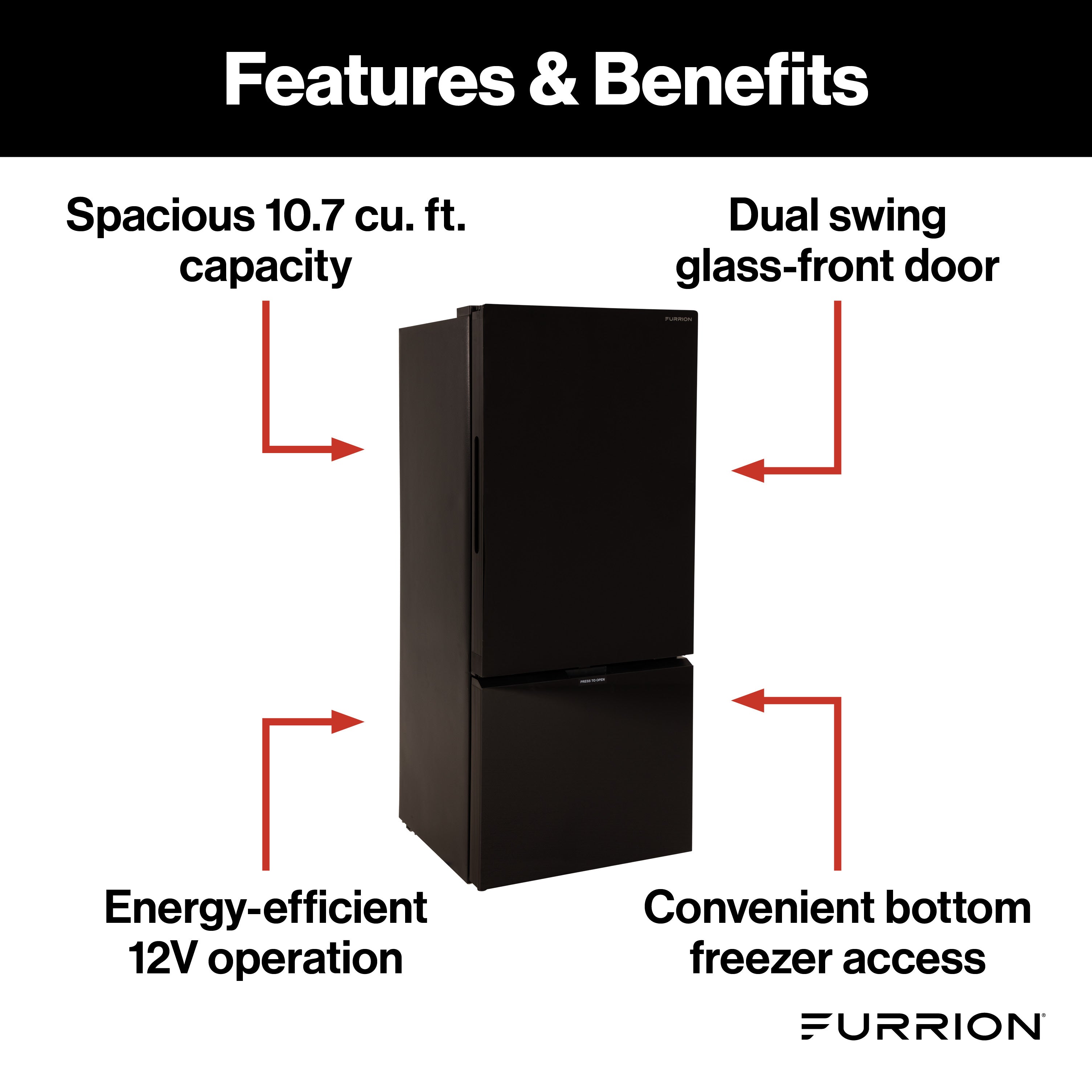 Furrion Rv Refrigerator - 12V, 10.7 Cu. Ft., Dual Swing Doors, Bottom Drawer Freezer, Black Glass Finish #Fcr10Dcgba-Bg-Ds - Image 2