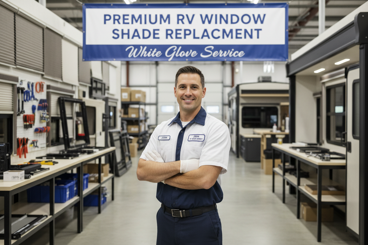 service technician professional center frame arms crossed promoting rv window shade replacement white glove service