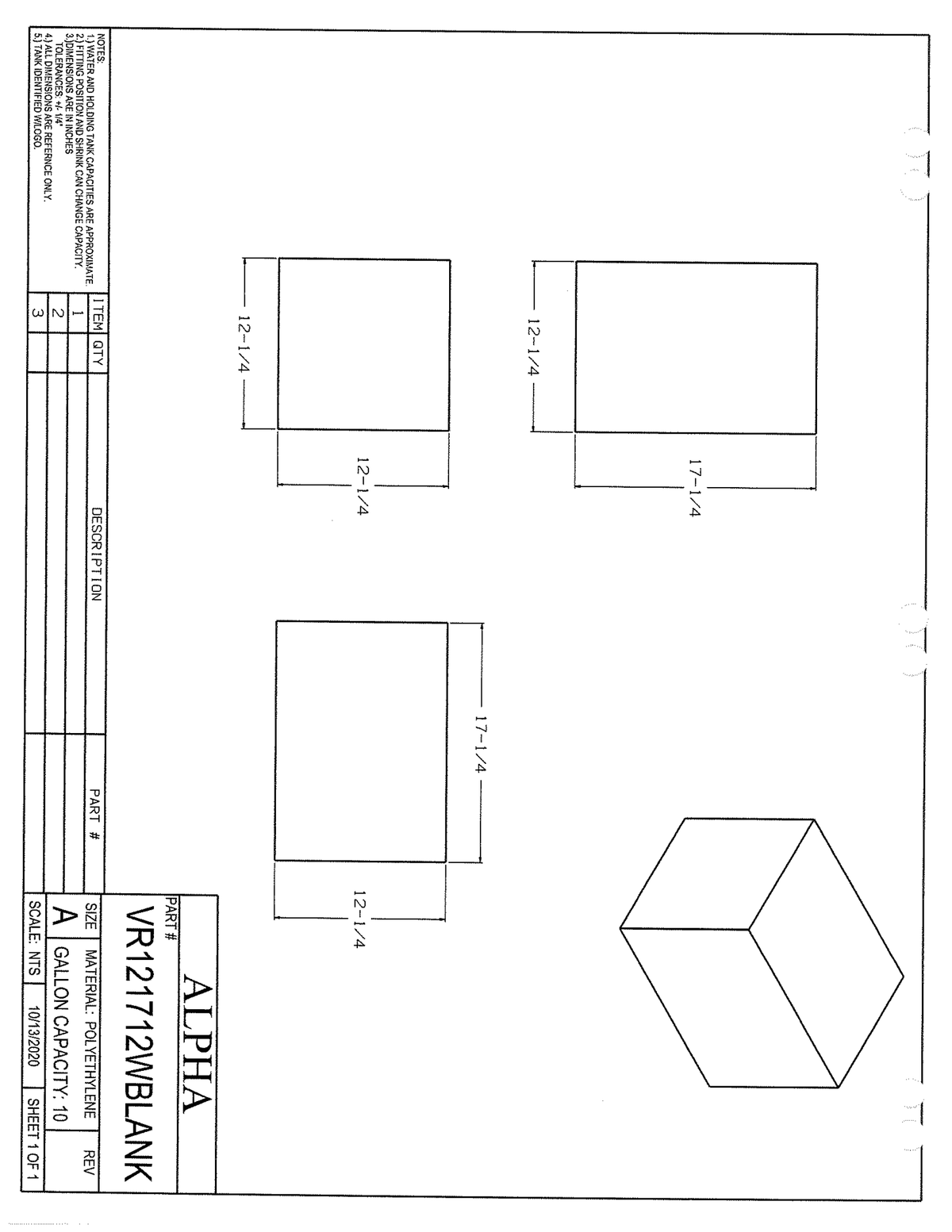 Alpha VR121712WBLANK — exact manufacturer dimensional drawing, October 13, 2020