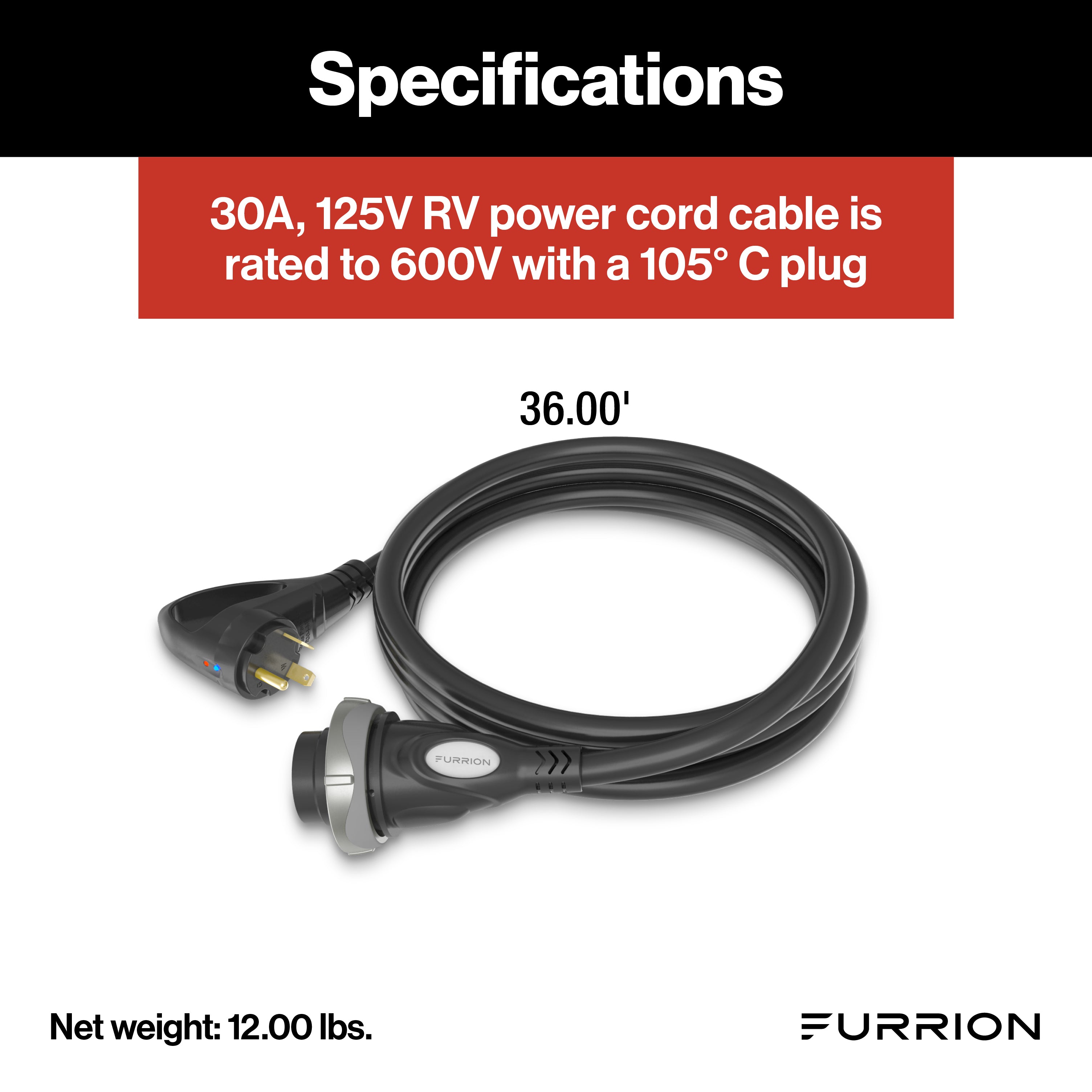 Furrion Faultsmart 36' Rv Power Cord - 30A, 125V, Black #F30R36-Sb-Oem - Image 2