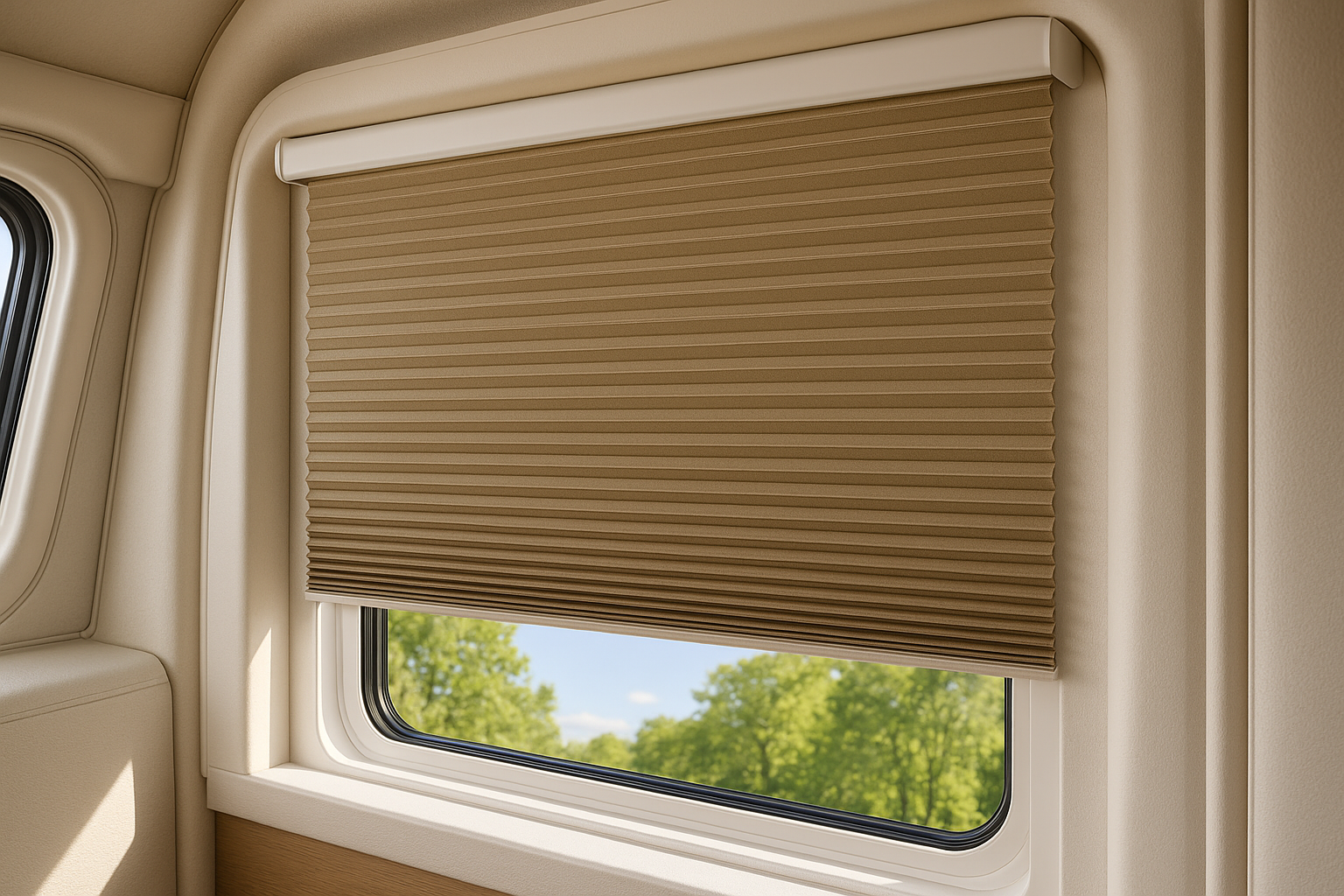 United Pleated Night Shade - Ash Gray color installed in RV window
