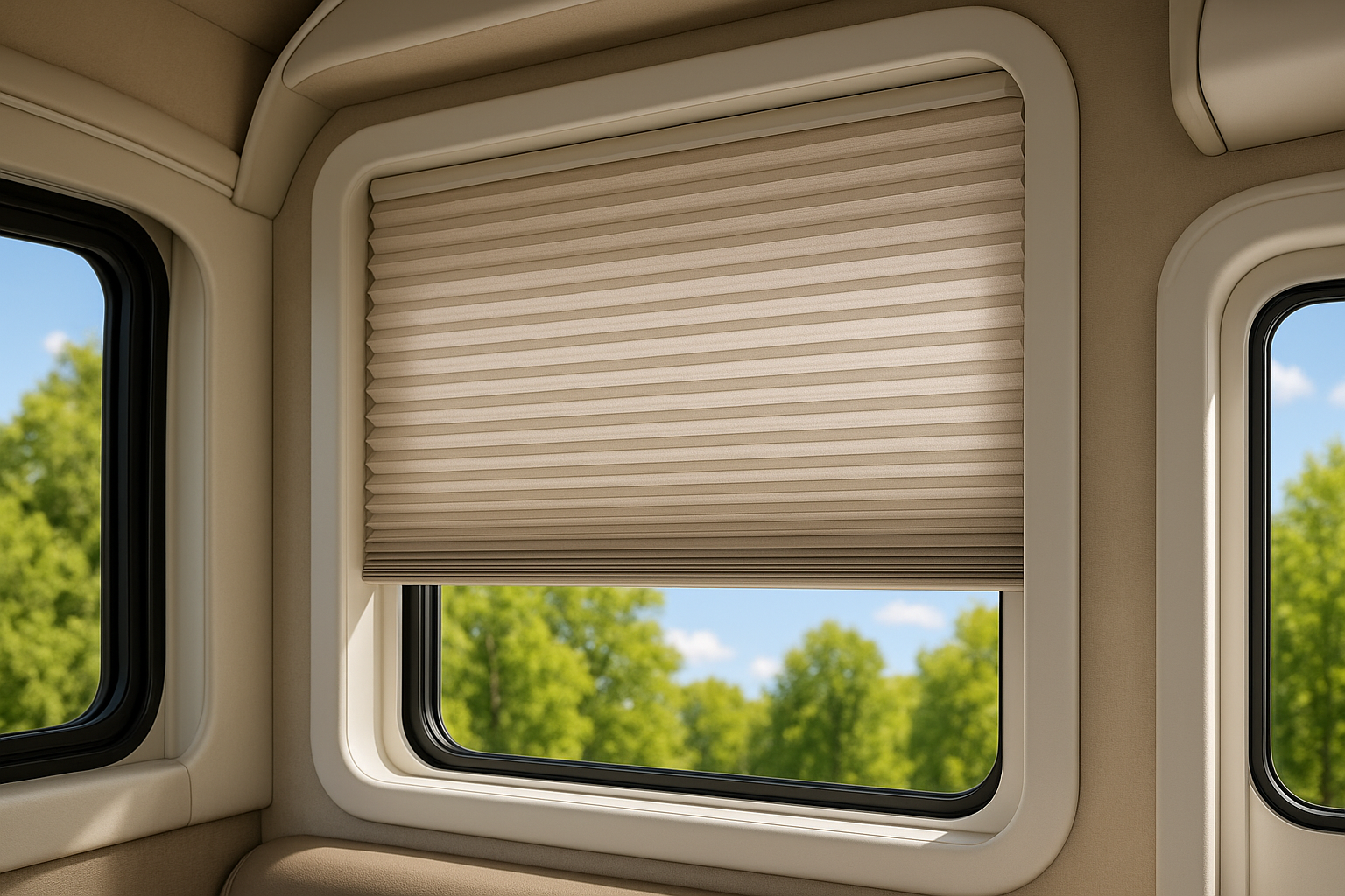 United Pleated Night Shade - Black color installed in RV window