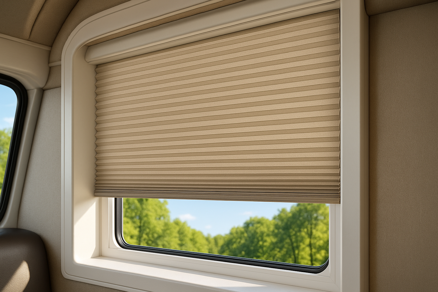 United Pleated Night Shade - Cappuccino color installed in RV window