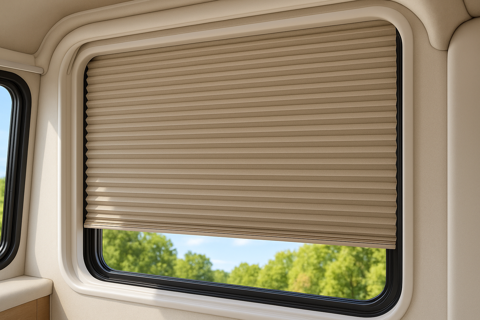 United Pleated Night Shade - Cotton color installed in RV window