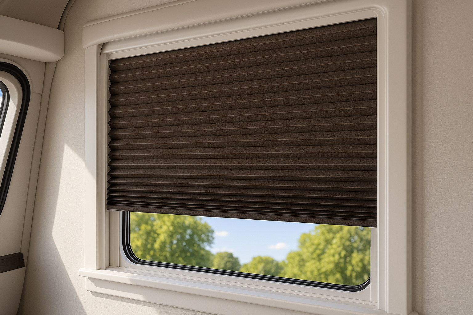 United Pleated Night Shade - Dark Taupe color installed in RV window