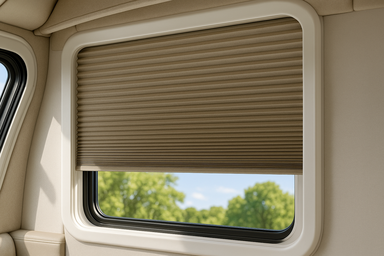 United Pleated Night Shade - Snow color installed in RV window