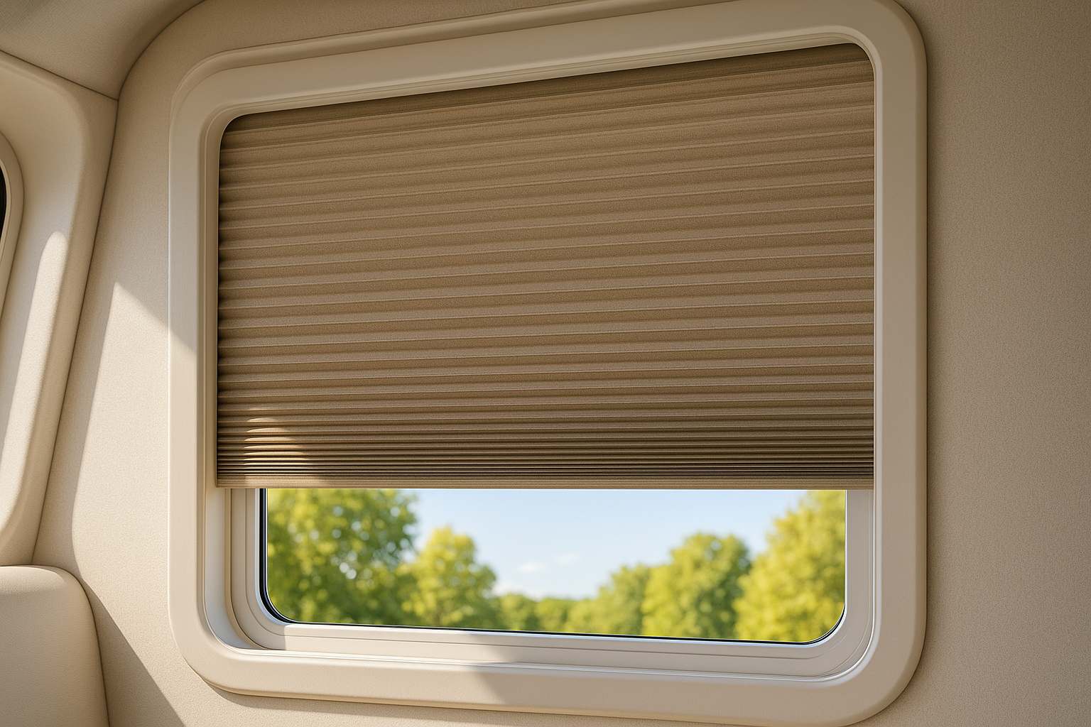 United Pleated Night Shade - Suede color installed in RV window