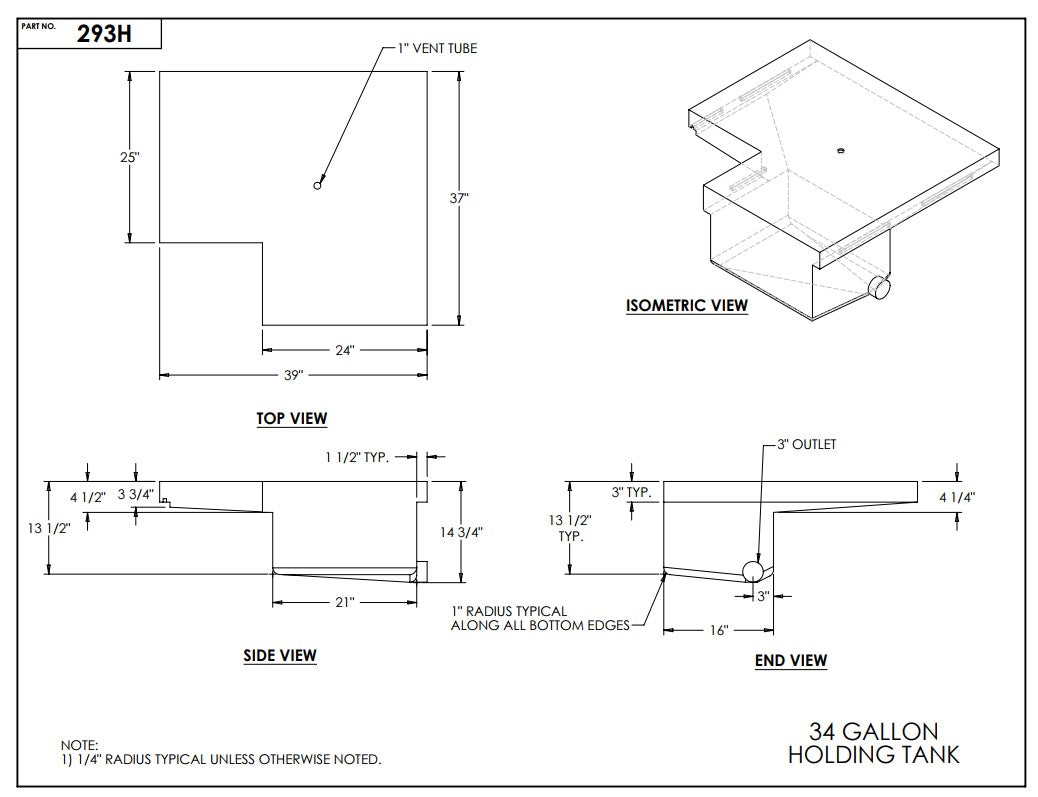 34 Gallon RV Holding Tank 39" x 37" x 14 3/4" EPI 293H   Discontinued