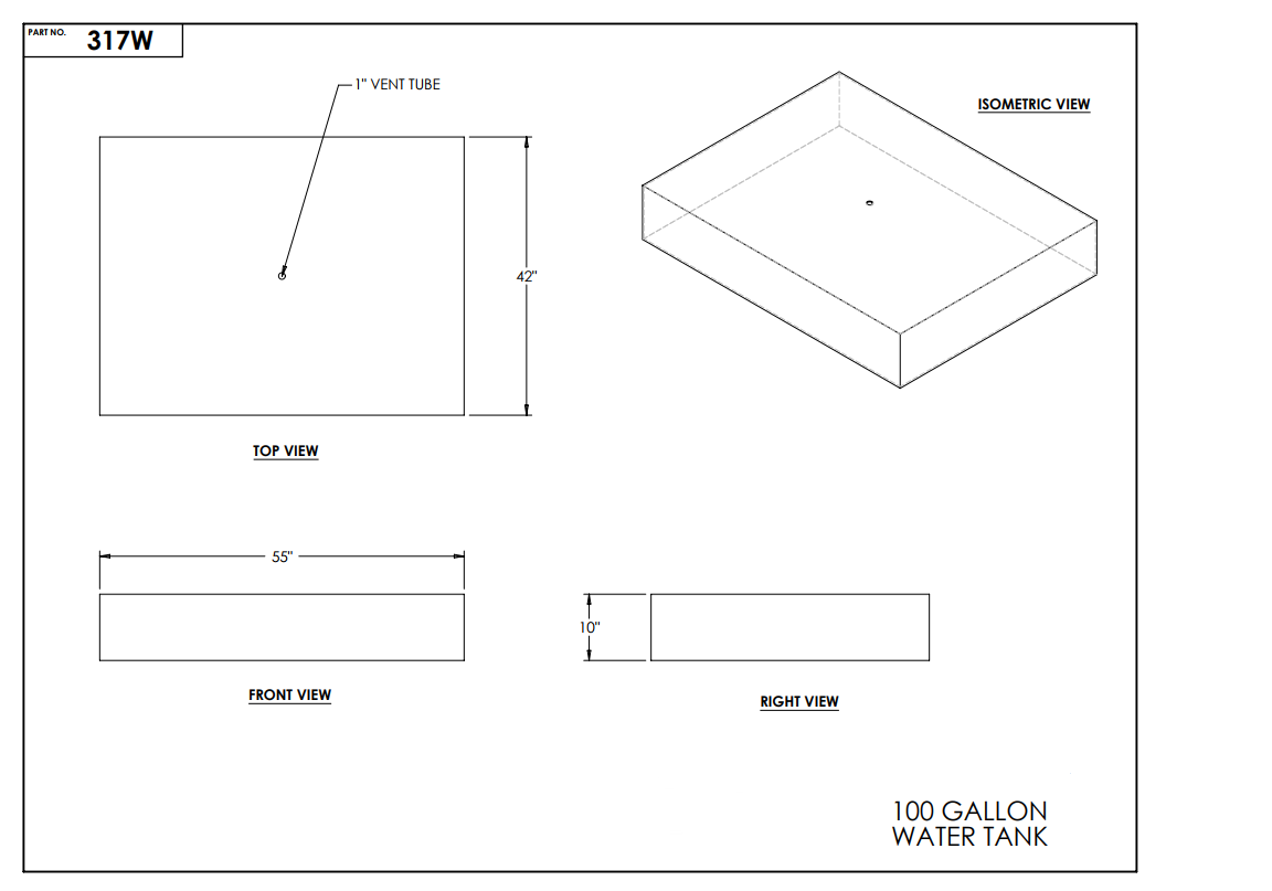 100 Gallon RV Water Tank 55" x 42" x 10" EPI 317W Discontinued