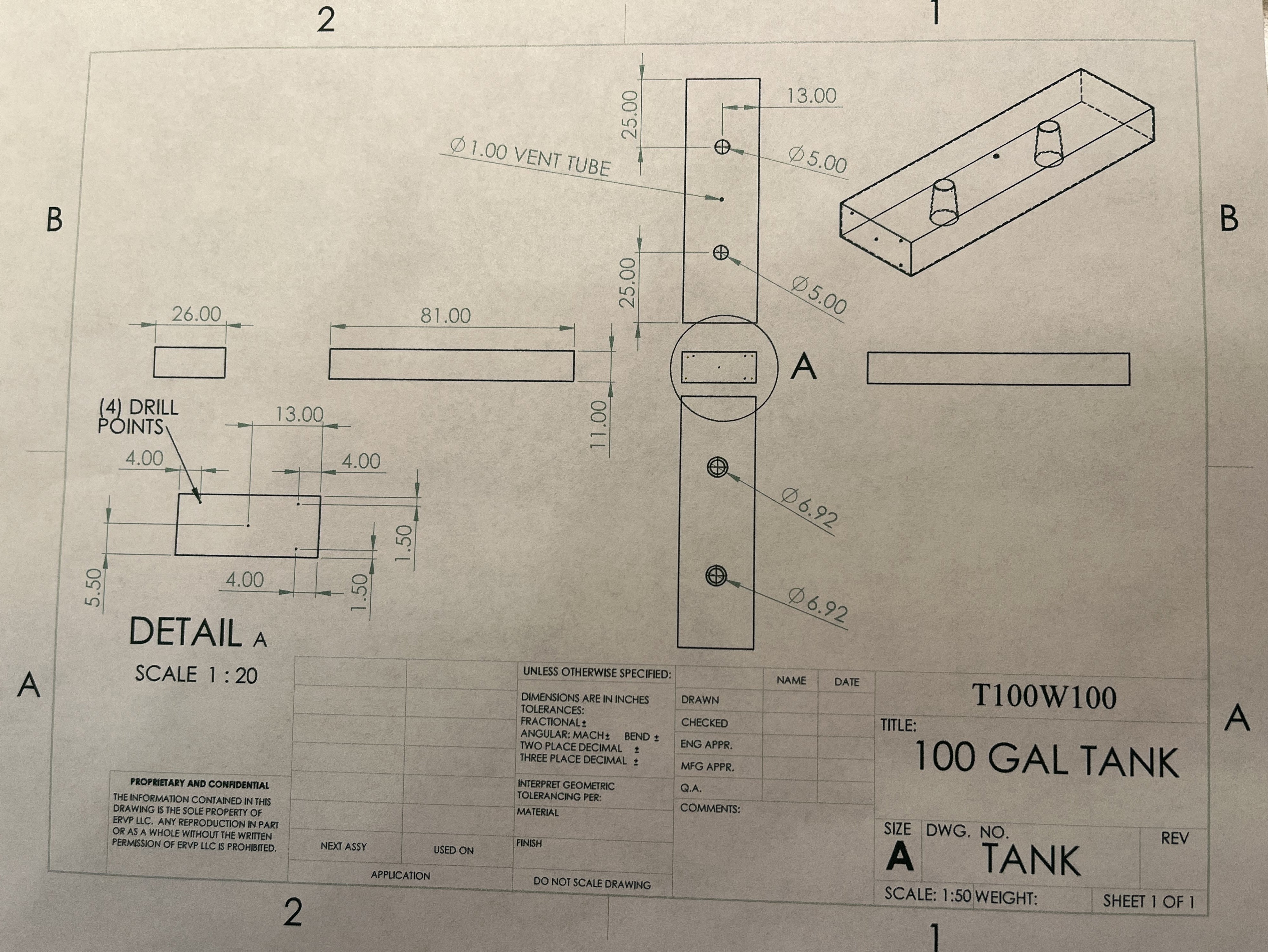 100 Gallon RV Fresh Water Tank 81" x 26" x 11" T100