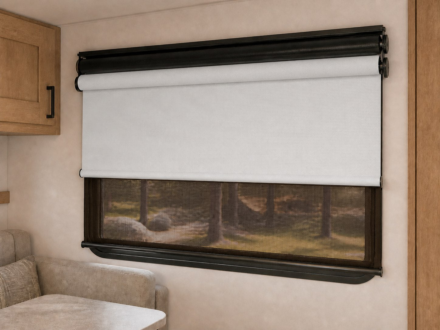 Alabaster blackout roller shade with Chestnut Screen day screen installed in a modern RV